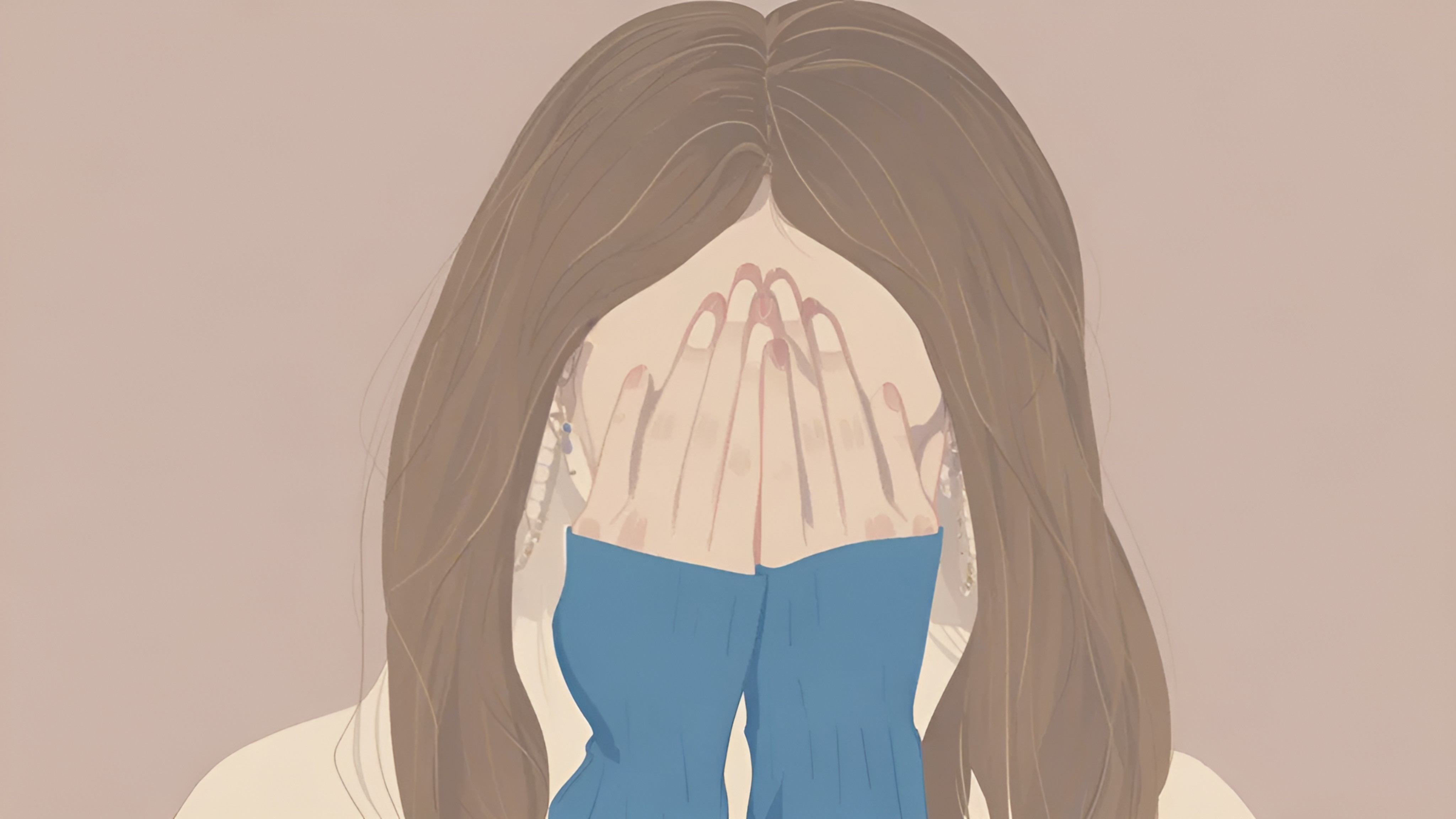 抑郁症简约风成年女性悲伤表情双手交叉白色上衣浅棕色背景插画（商业使用）.png