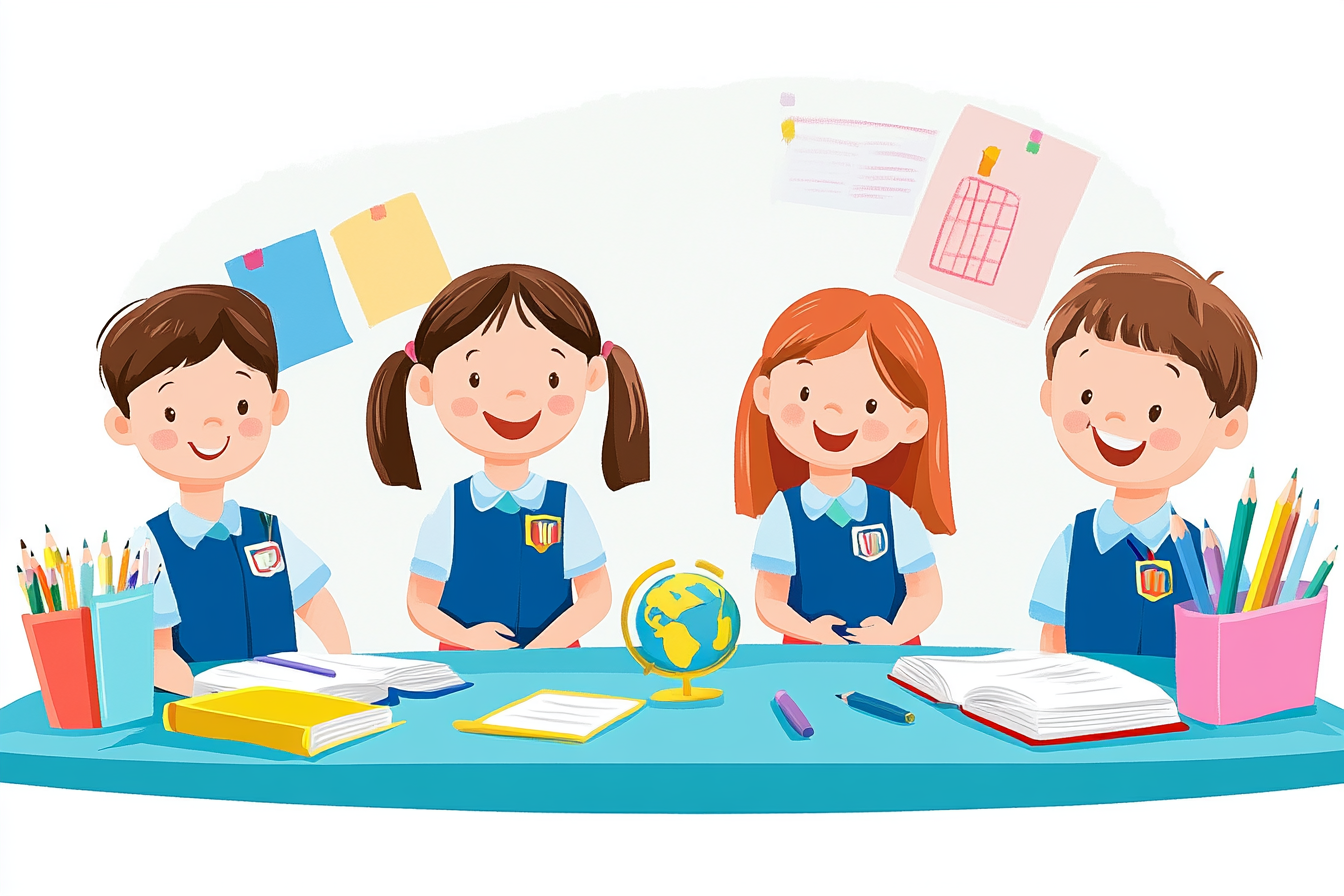 卡通手绘风小学生校服儿童群体开心学习场景插画（商业使用）.png