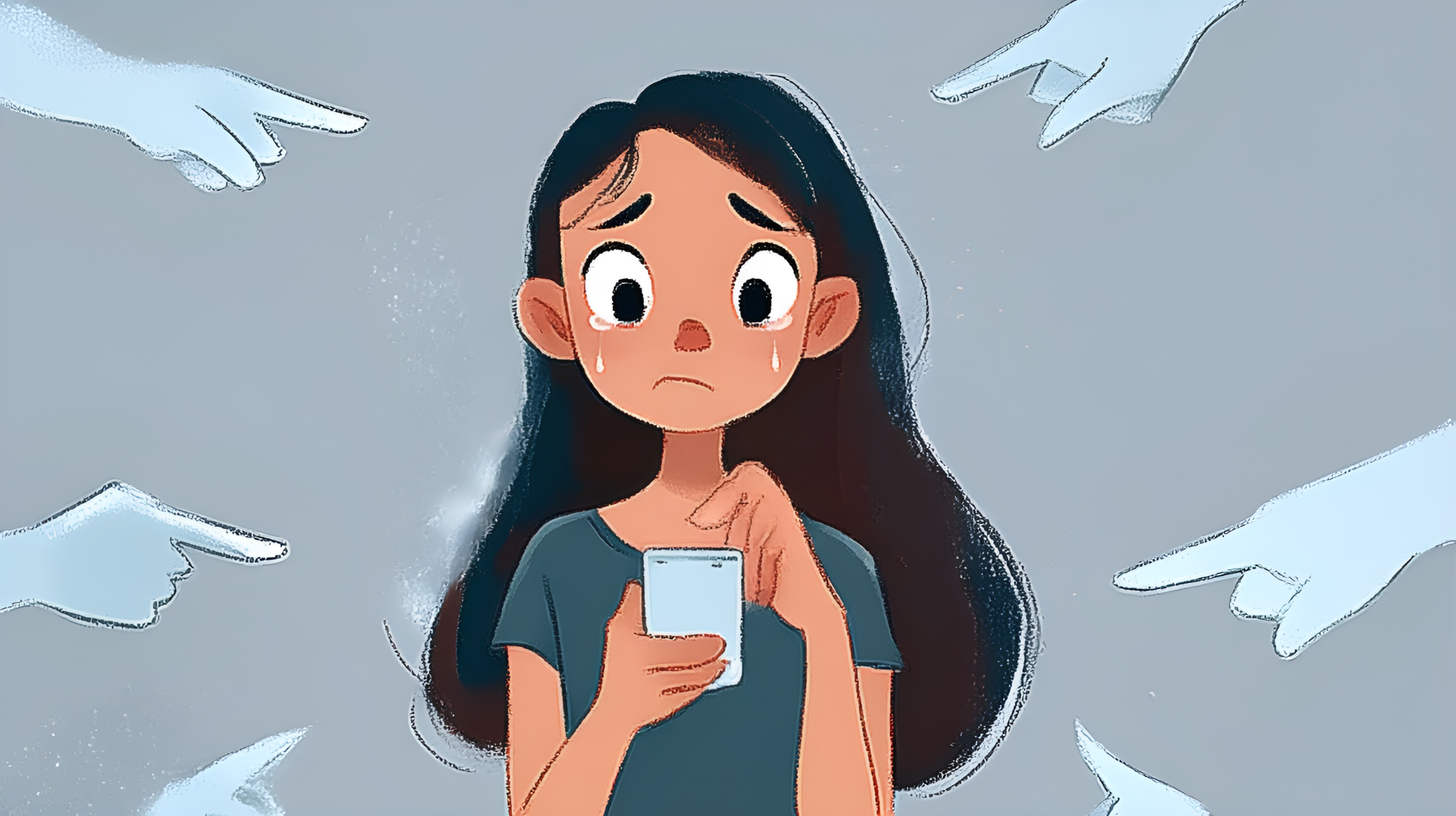 抑郁症插画简约卡通风青少年女孩忧郁表情低头看手机指责场景插画（商业使用）.jpg