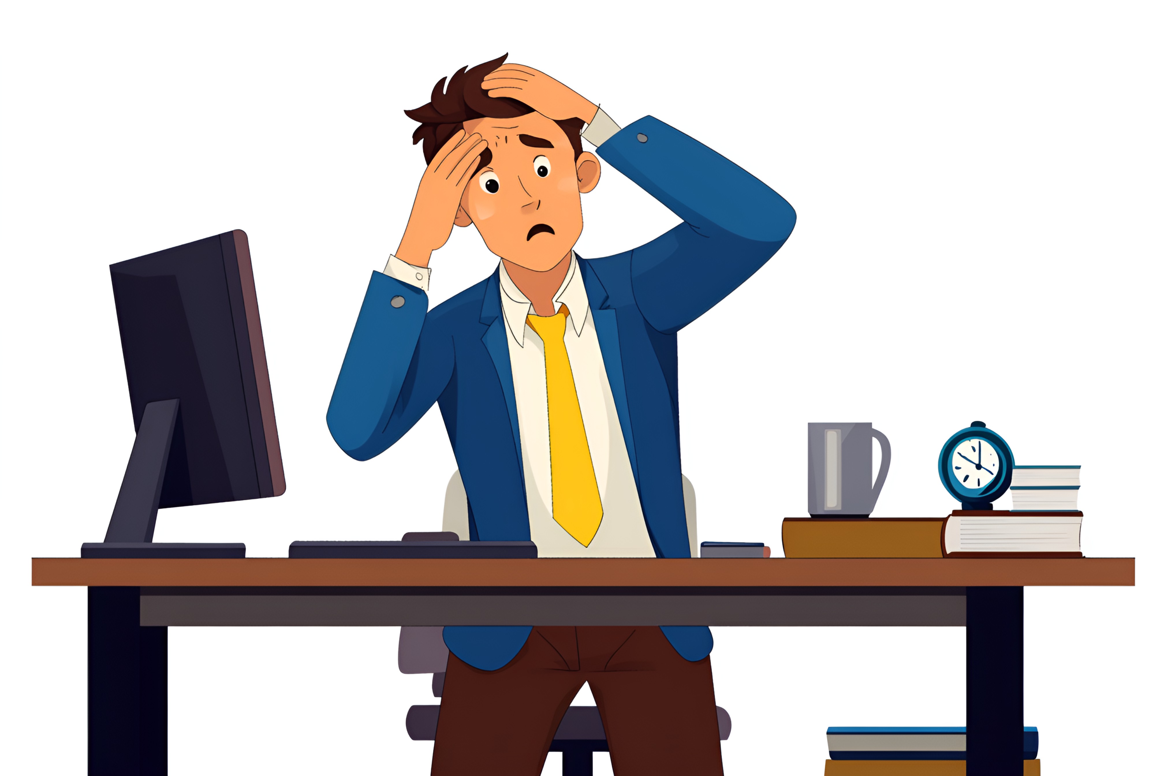 ffbd180417e6219bb6d521b5657e8a07e3089636.jpg 卡通简约风焦虑男子办公桌前工作场景插画(商业使用).jpg