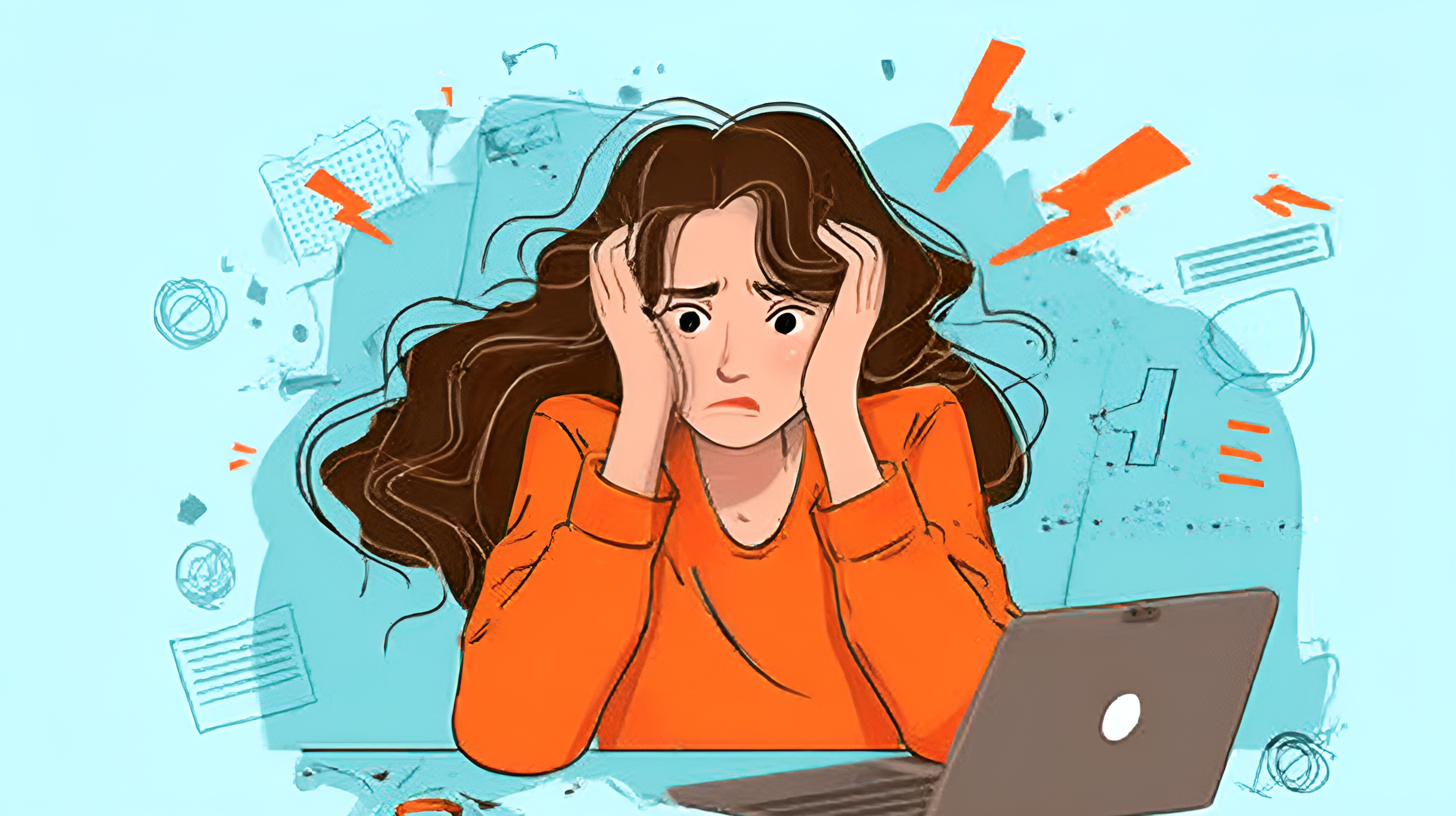 头疼插画卡通简约风焦虑女性职场人士棕色长发橙色上衣笔记本电脑前插画（商业使用）.jpg