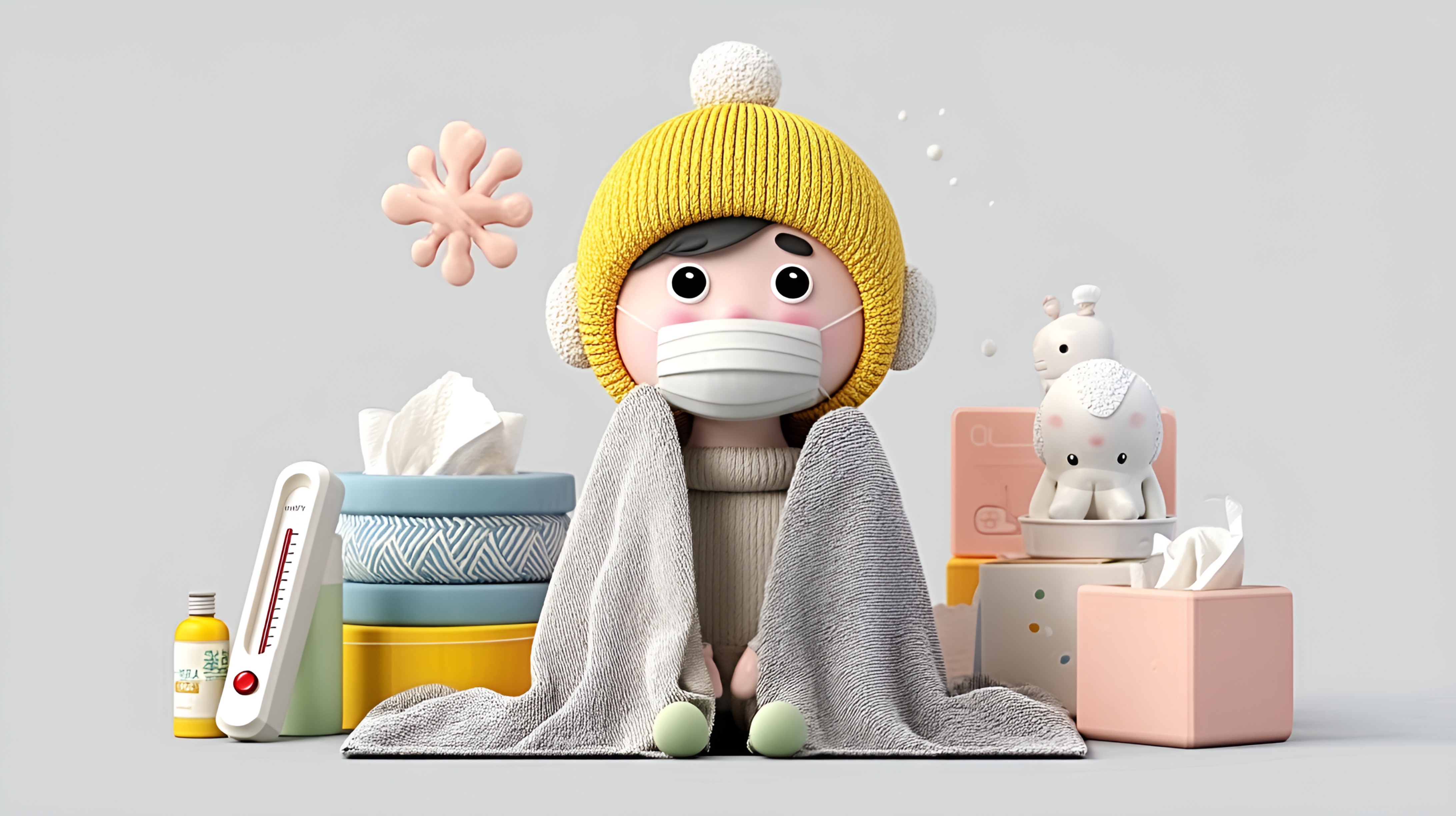 感冒插画卡通3D渲染儿童生病感冒纸巾药品场景插画（商业使用）.jpg