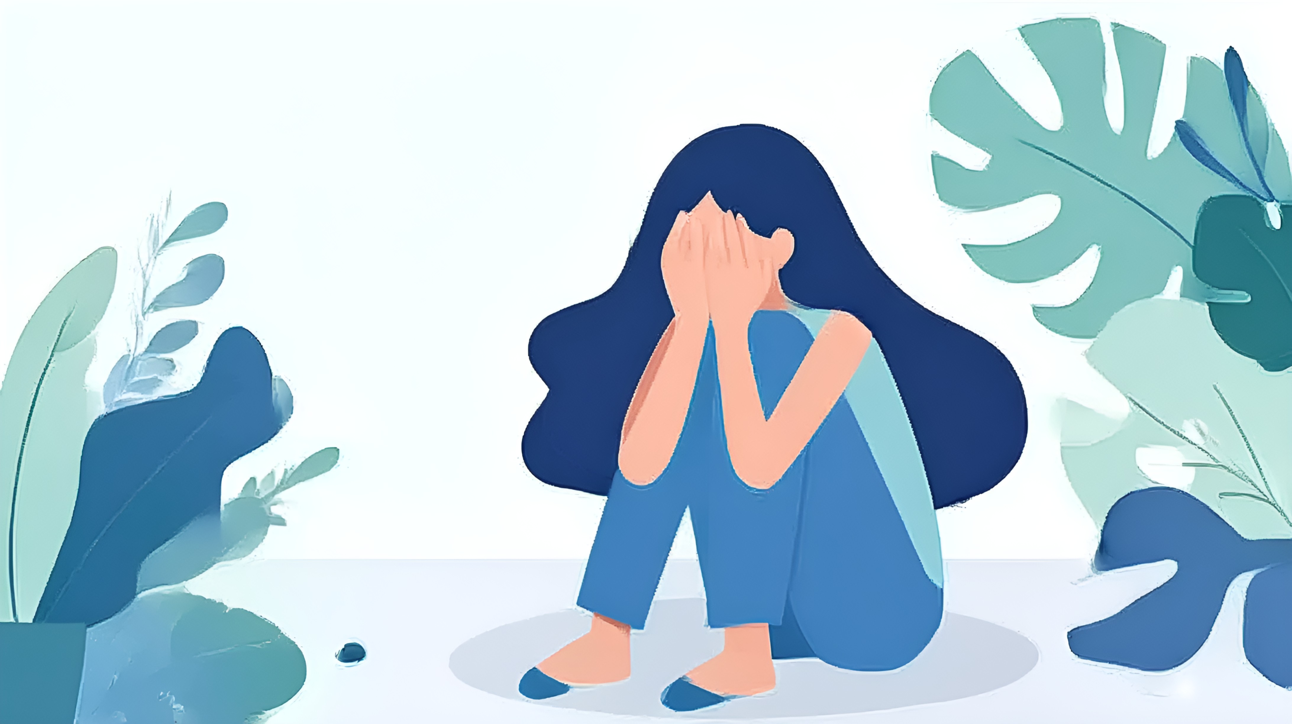 7b01d87c1931e737426521b7f32114ea746f45c2.jpg 抑郁症插画简约卡通风蓝色绿色清新宁静氛围成年女性坐地捂脸哭泣插画(商业使用).jpg