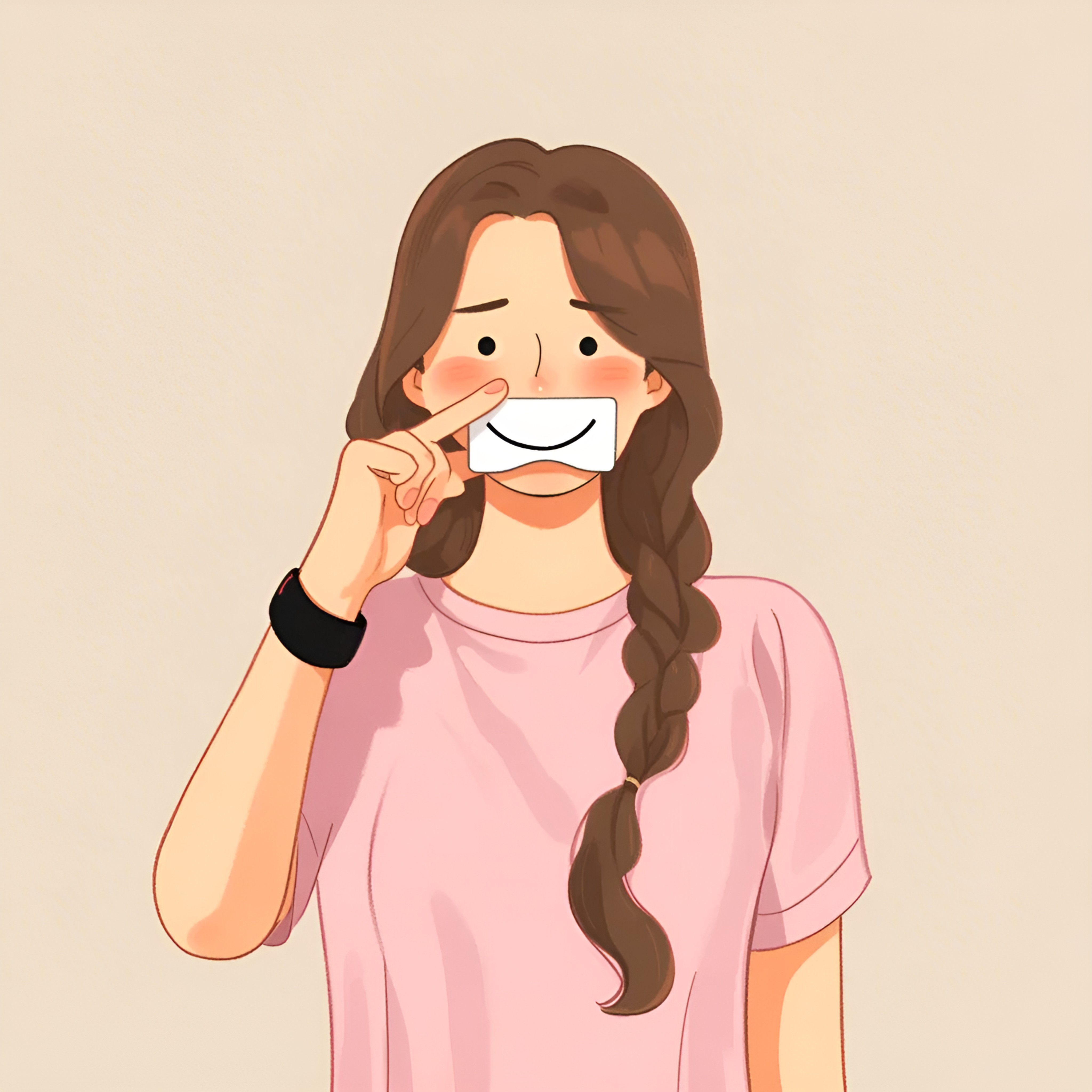 抑郁症简约风成年女性微笑捂嘴动作粉色T恤插画（商业使用）.jpg