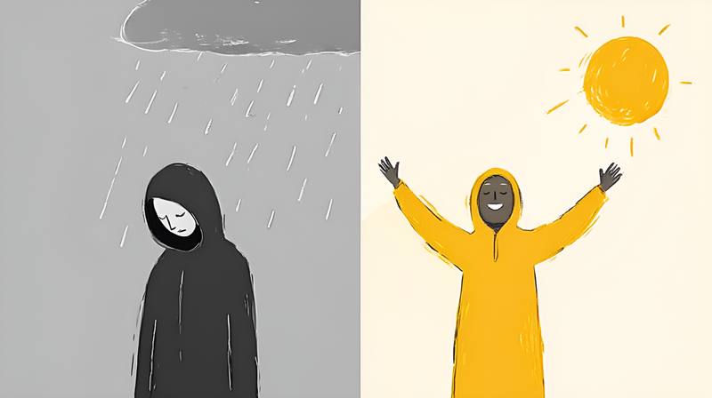 抑郁症插画简约风双人插画黑色连帽衫严肃表情黄色雨衣微笑场景（商业使用）.jpg