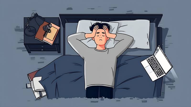 男人生病插画卡通手绘风成年男性无奈表情躺在床上捂耳朵睡觉场景插画（商业使用）.jpg