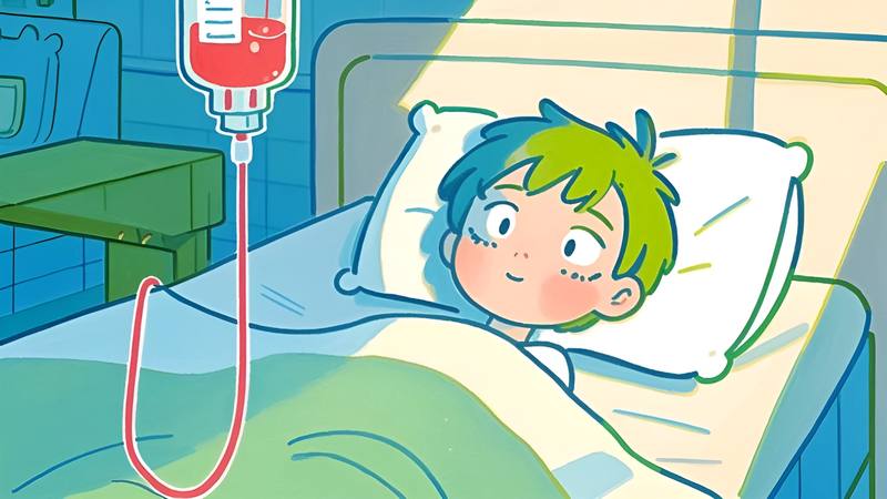 青少年生病简约卡通风儿童男孩病床输液住院插画（商业使用）.png