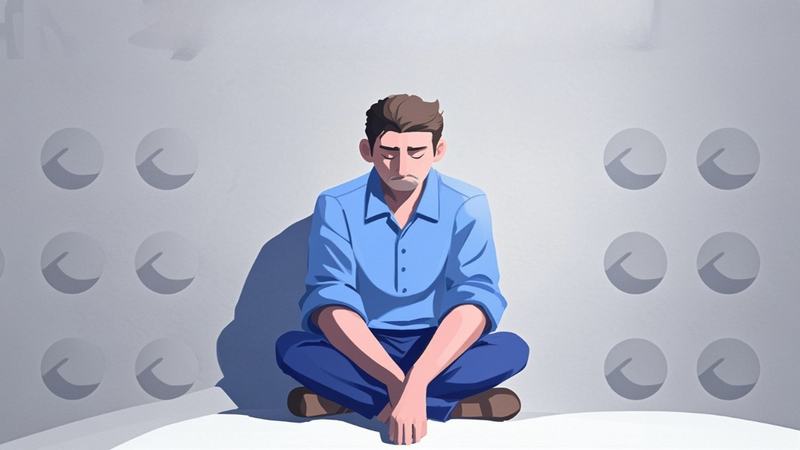 抑郁症简约卡通风成年男子盘腿坐地思考困扰场景插画（商业使用）.png